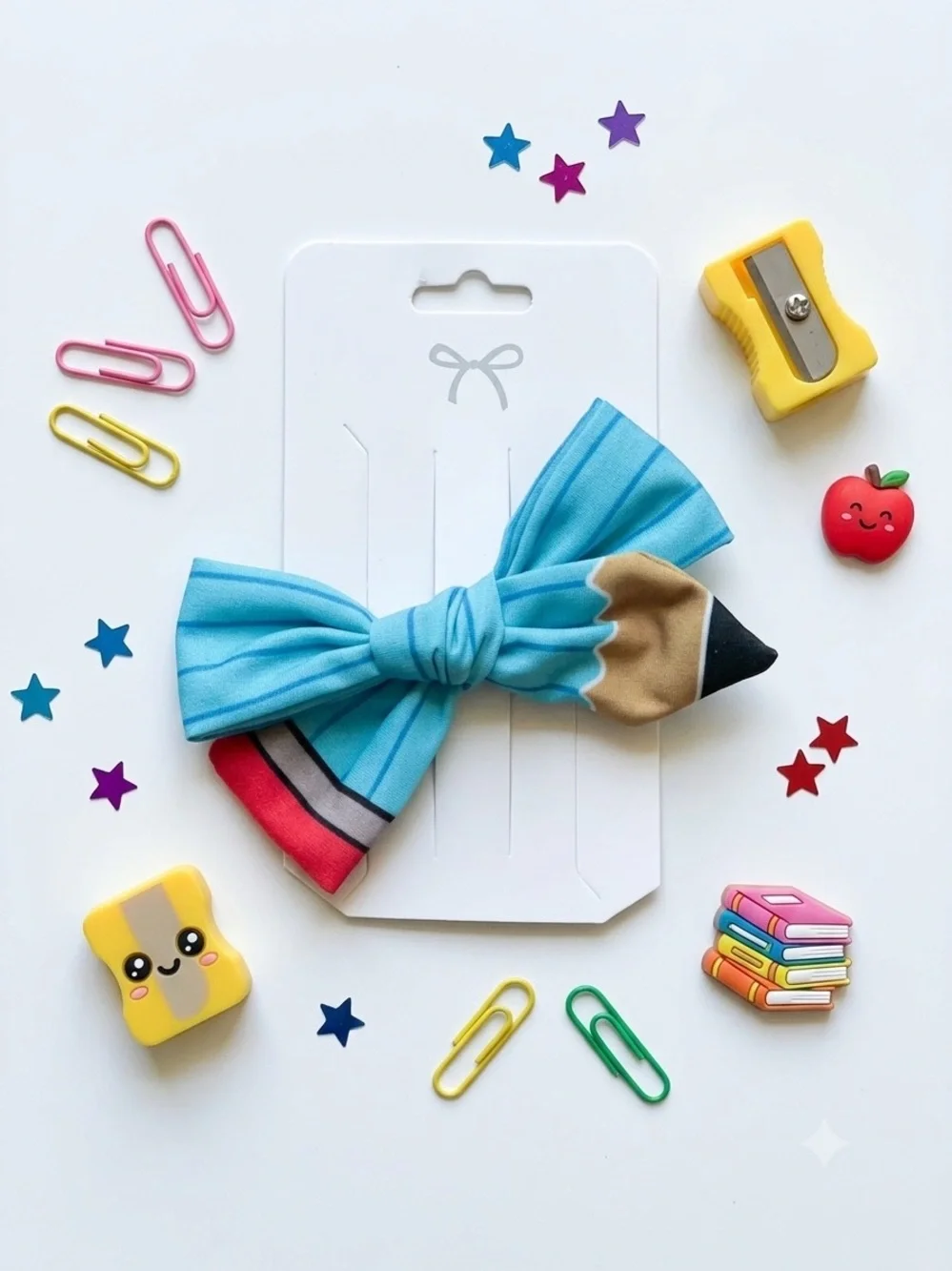 Handmade Blue Pencil Hair Bow Clip Back to School Boutique Hair Accessory NWT